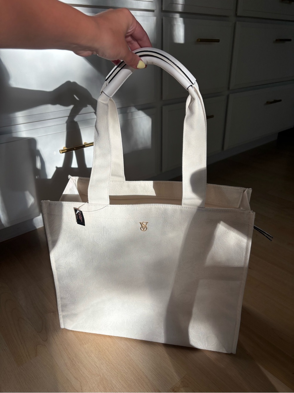 Victoria's Secret Cream Canvas Tote with Gold Logo